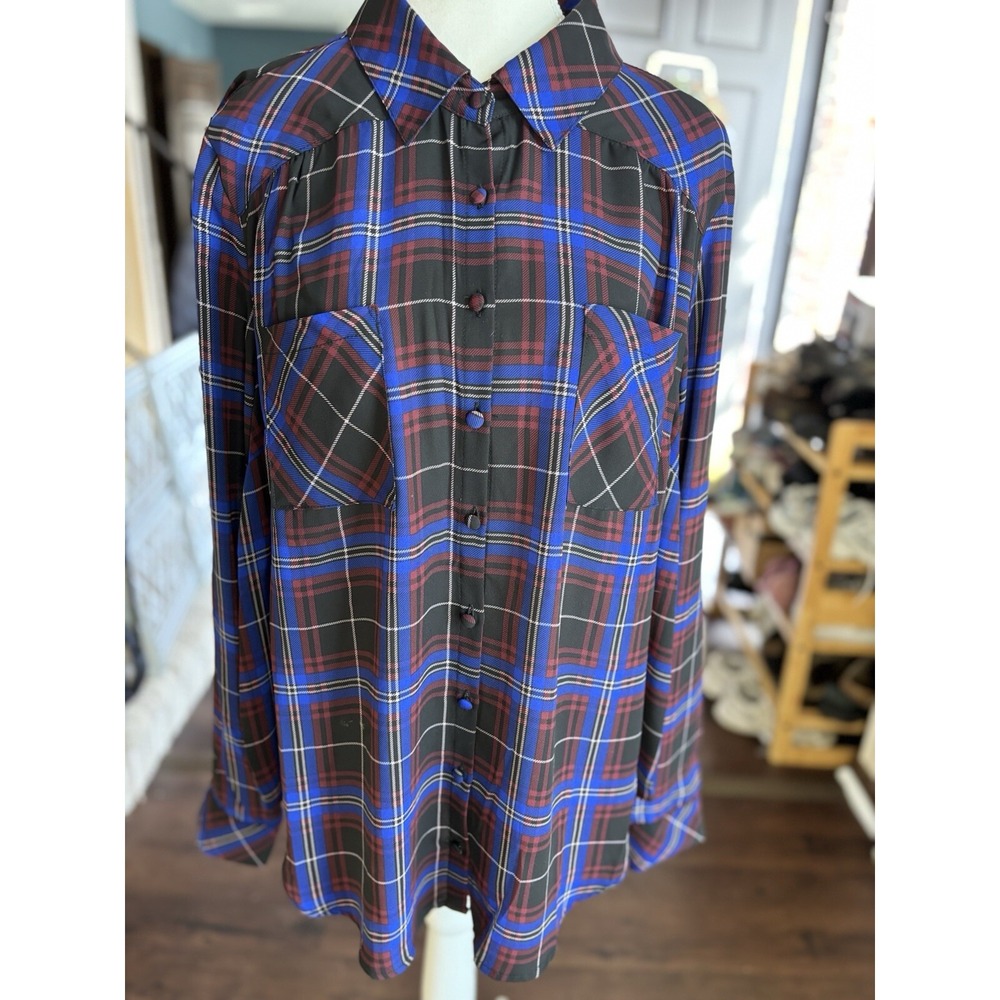 Torrid Madison Georgette Button-Up Long Sleeve Shirt Size 1X Blue Plaid
